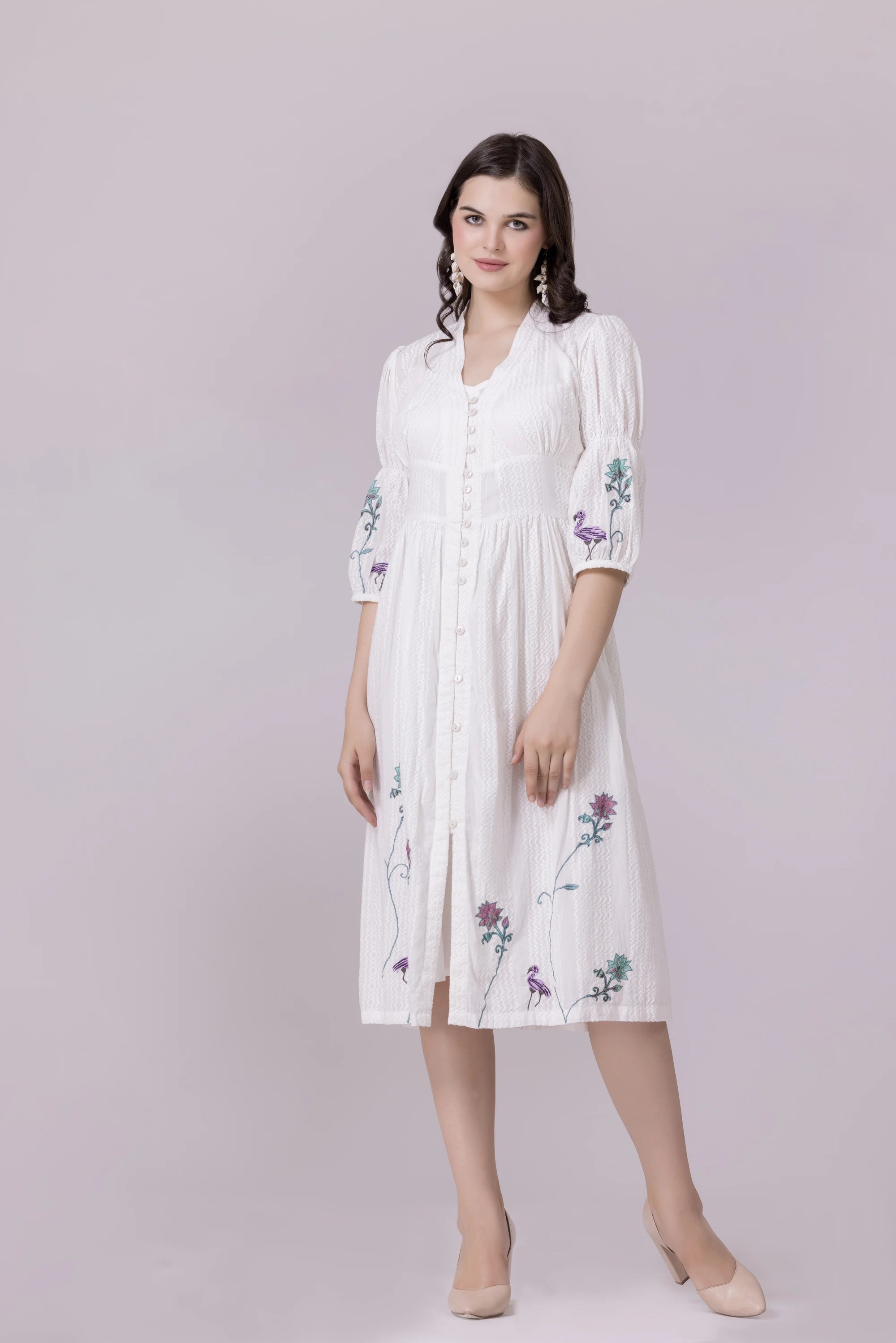 White Lotus-Flamingo Print & Embroidered Smocked Dress With Slip