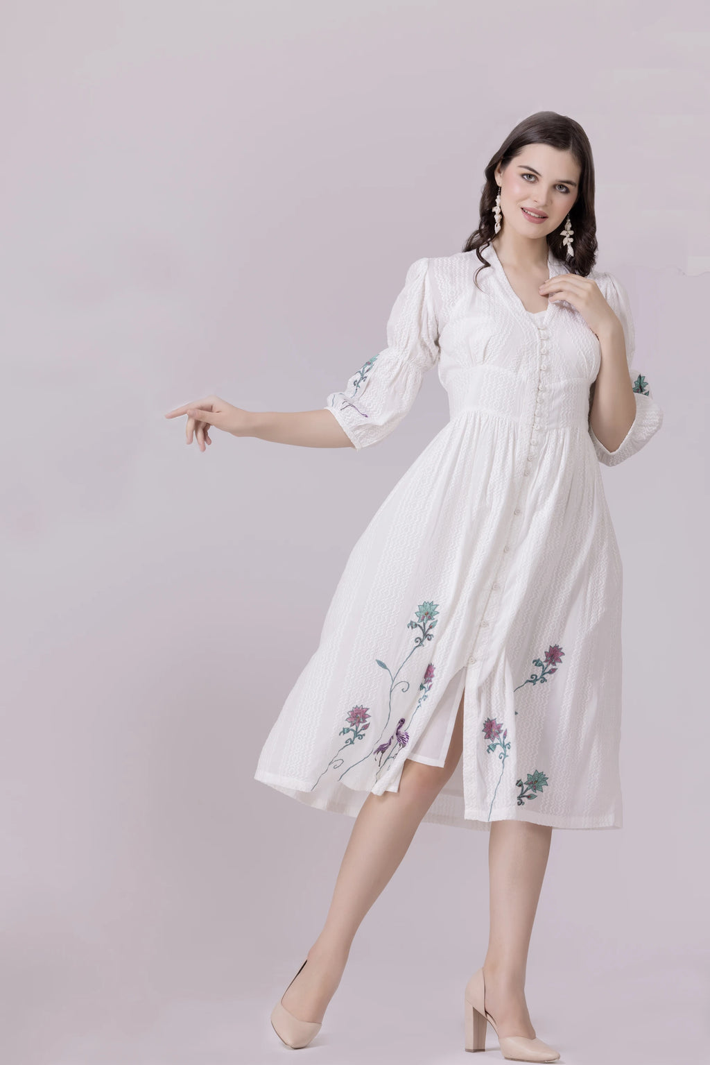 White Lotus-Flamingo Print & Embroidered Smocked Dress With Slip