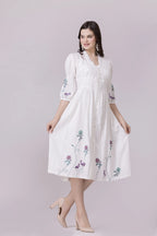 White Lotus-Flamingo Print & Embroidered Smocked Dress With Slip