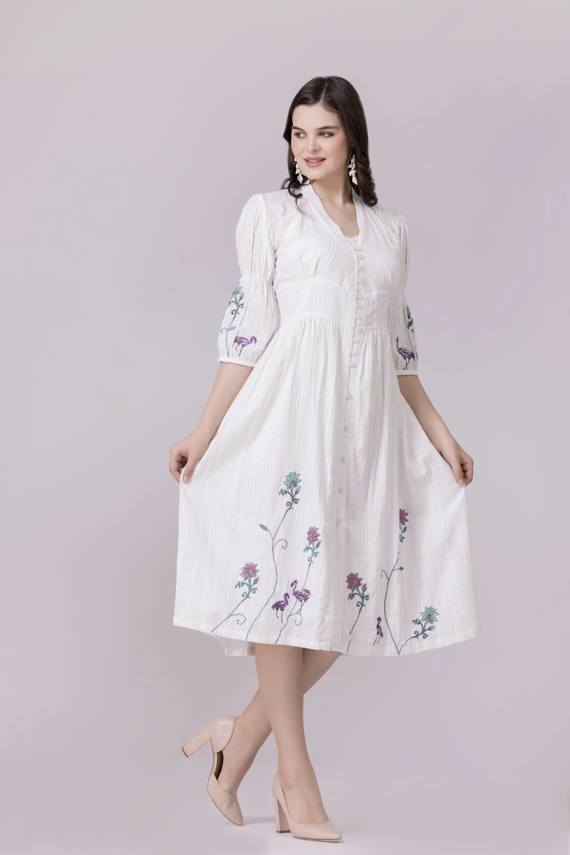 White Lotus-Flamingo Print & Embroidered Smocked Dress With Slip