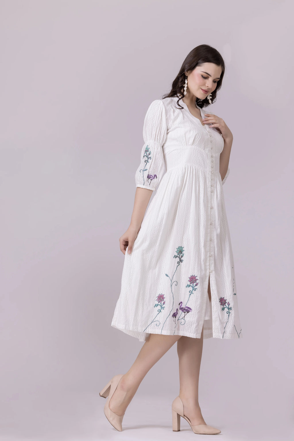 White Lotus-Flamingo Print & Embroidered Smocked Dress With Slip