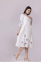 White Lotus-Flamingo Print & Embroidered Smocked Dress With Slip