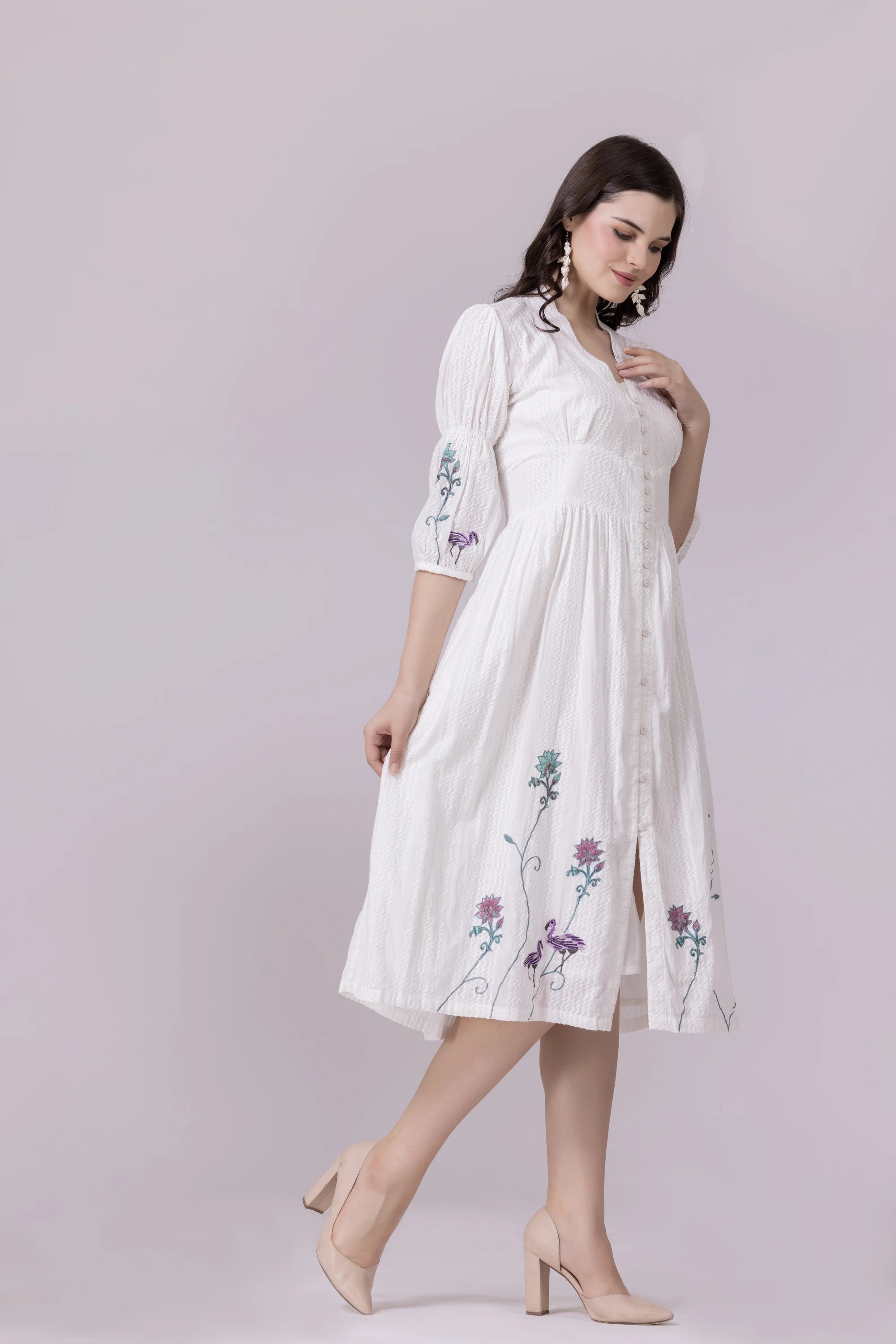 White Lotus-Flamingo Print & Embroidered Smocked Dress With Slip