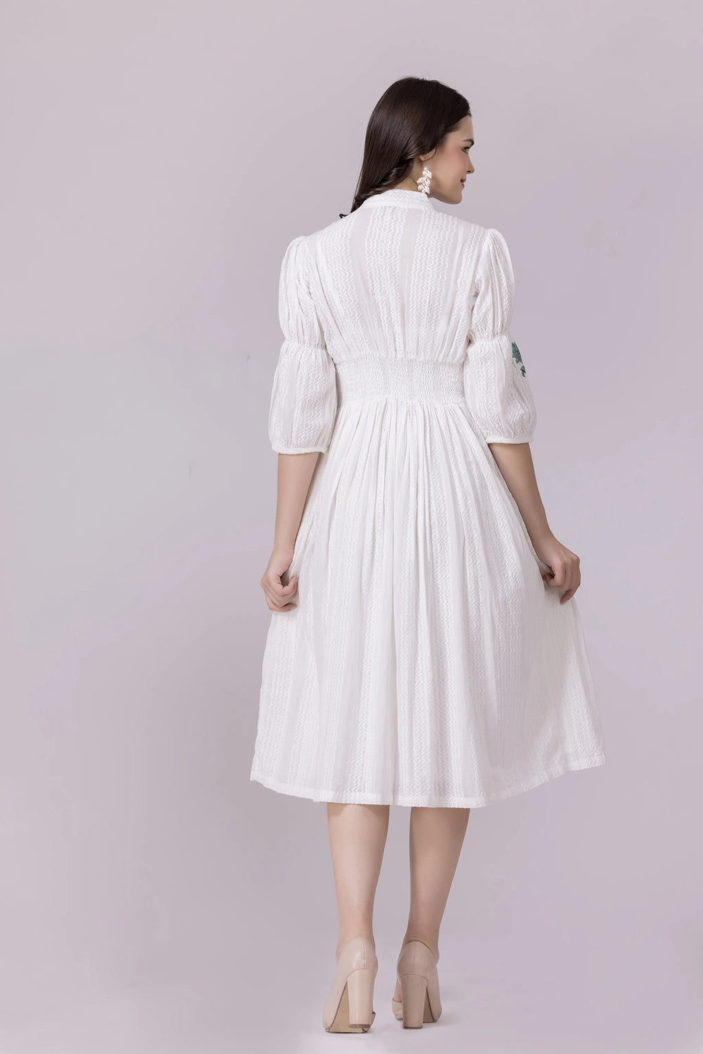 White Lotus-Flamingo Print & Embroidered Smocked Dress With Slip