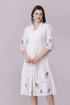 White Lotus-Flamingo Print & Embroidered Smocked Dress With Slip