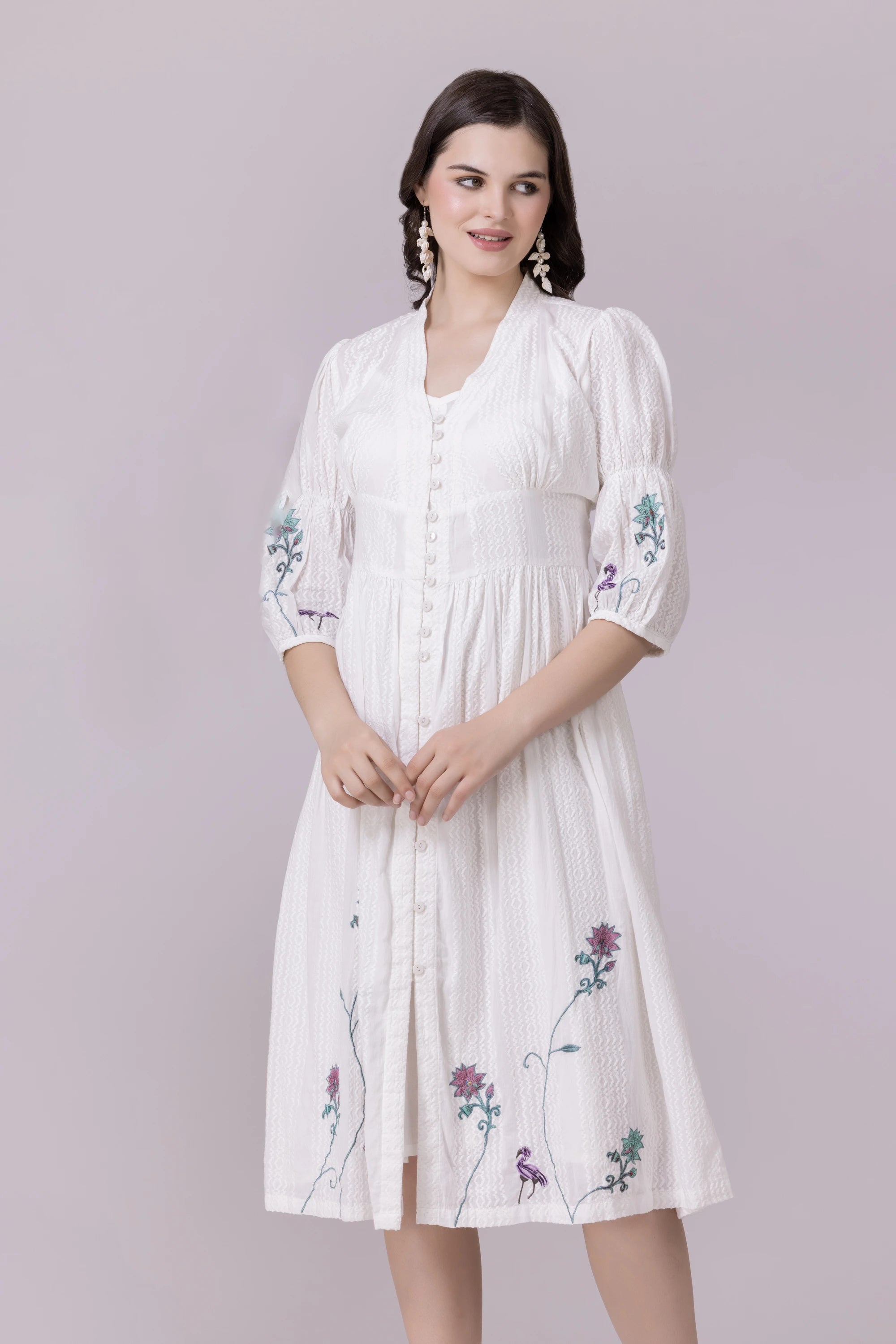 White Lotus-Flamingo Print & Embroidered Smocked Dress With Slip