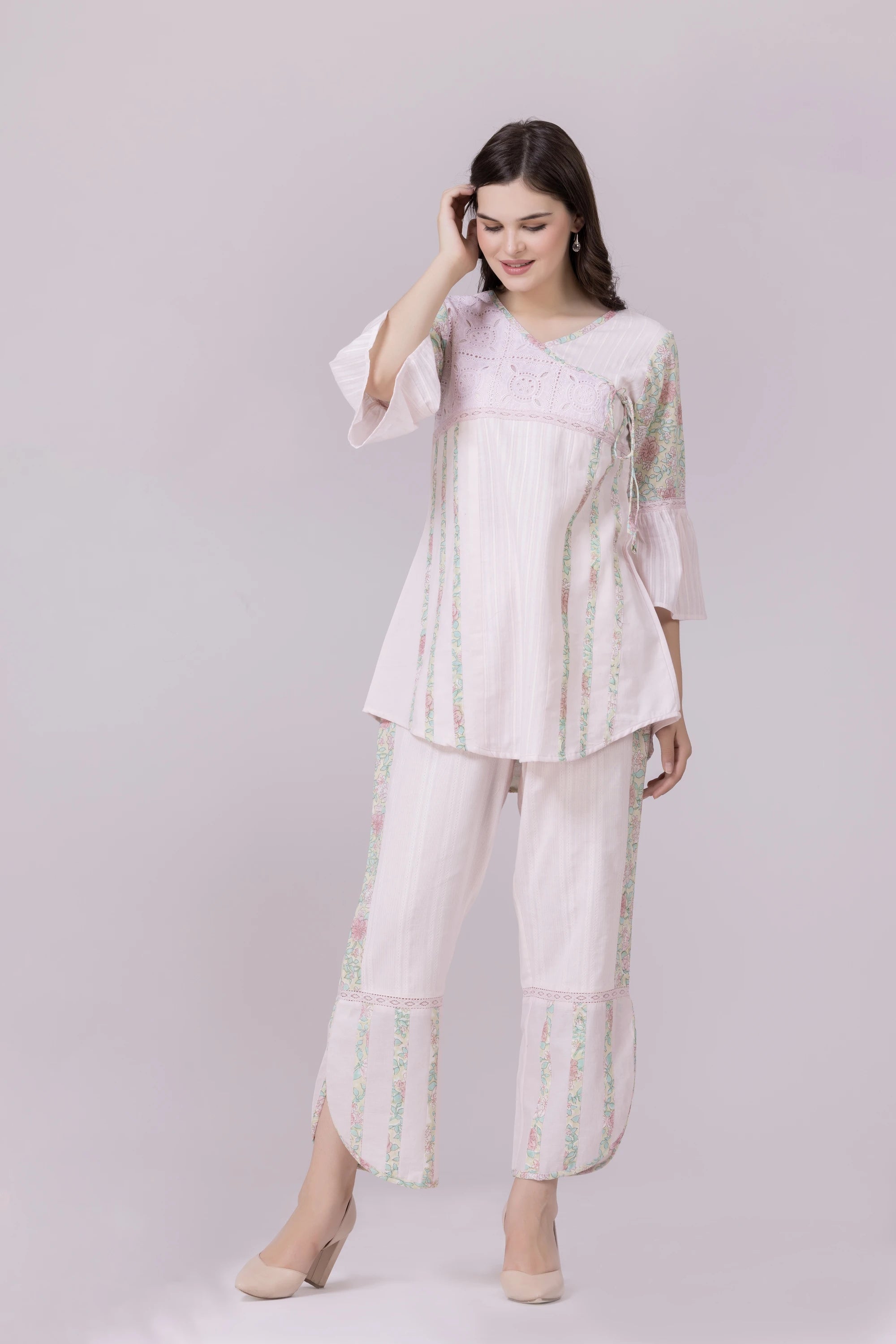 Pastel Pink Blossom Print & Lace Tunic And Pant Co-Ord Set