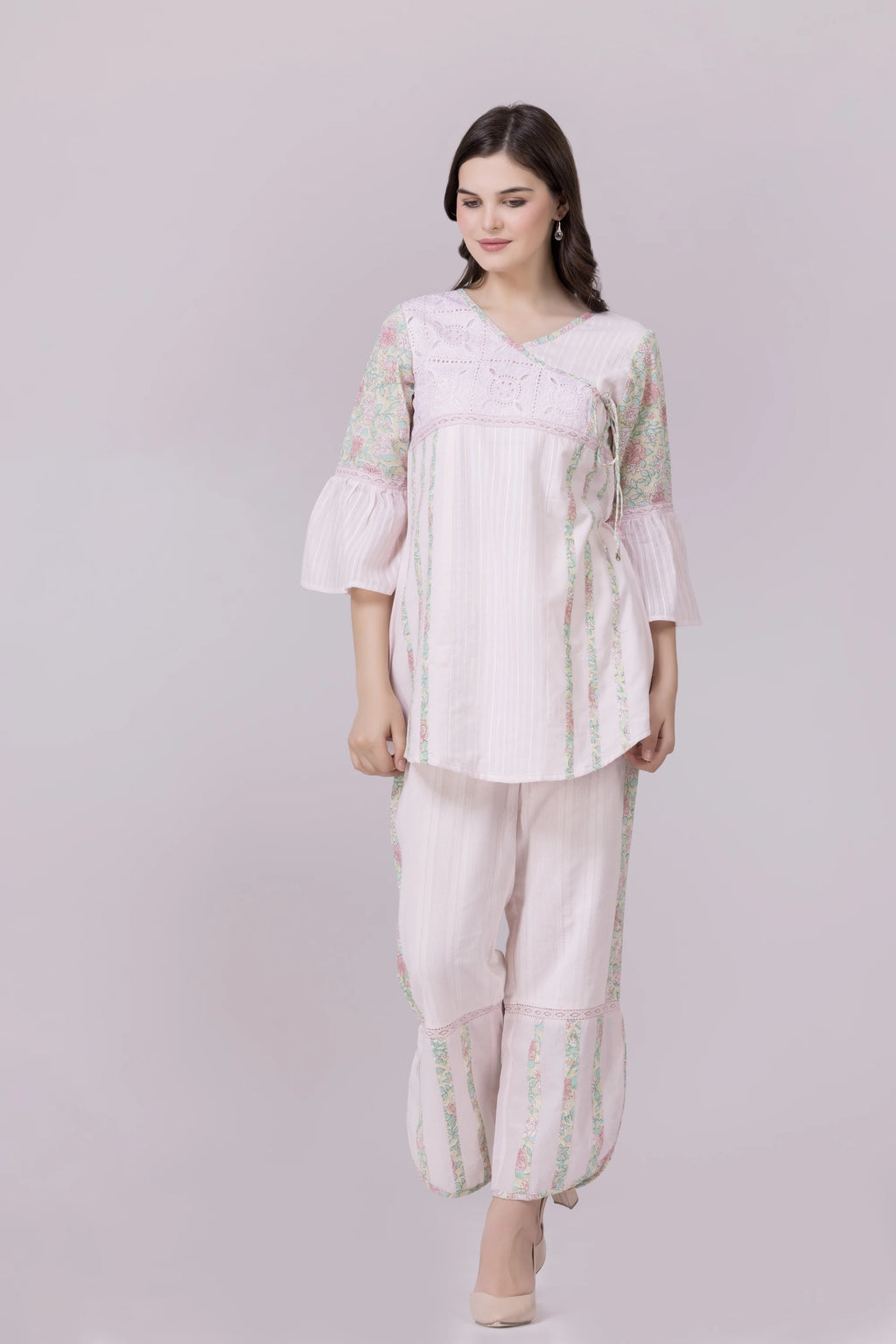 Pastel Pink Blossom Print & Lace Tunic And Pant Co-Ord Set