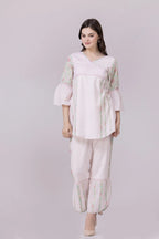 Pastel Pink Blossom Print & Lace Tunic And Pant Co-Ord Set