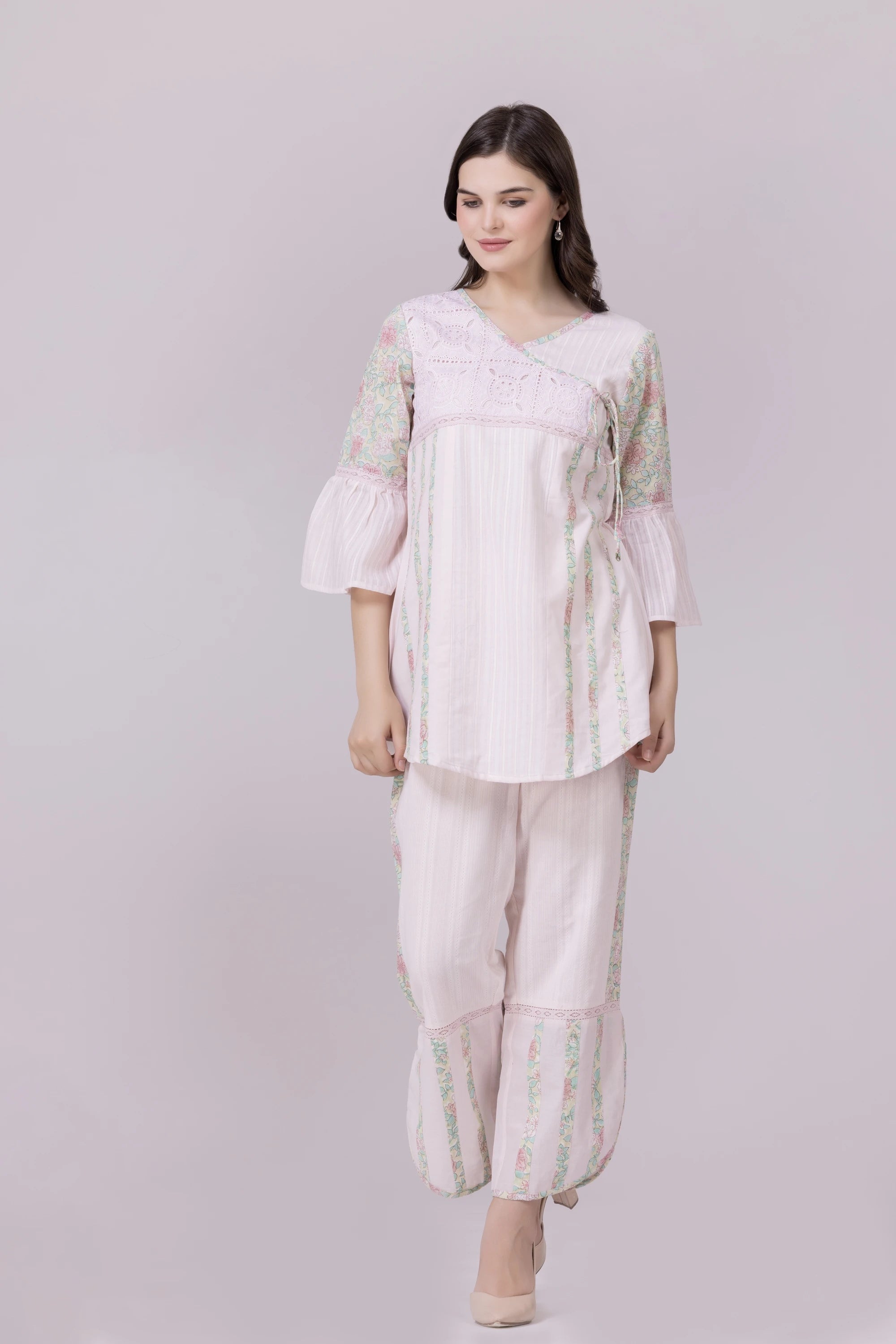 Pastel Pink Blossom Print & Lace Tunic And Pant Co-Ord Set