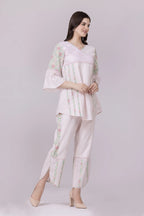 Pastel Pink Blossom Print & Lace Tunic And Pant Co-Ord Set