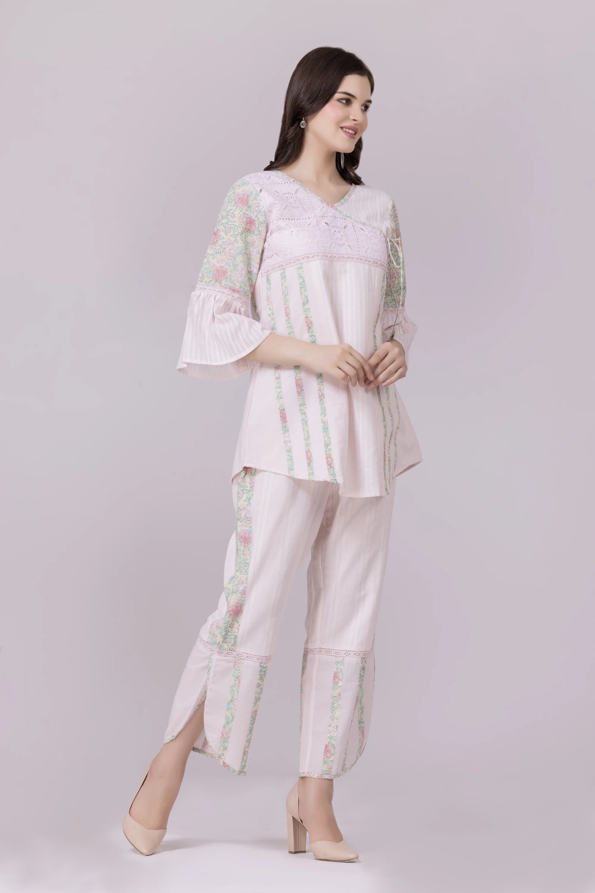 Pastel Pink Blossom Print & Lace Tunic And Pant Co-Ord Set