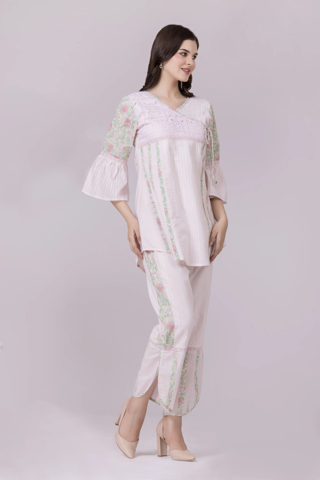 Pastel Pink Blossom Print & Lace Tunic And Pant Co-Ord Set