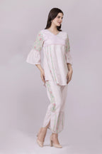 Pastel Pink Blossom Print & Lace Tunic And Pant Co-Ord Set