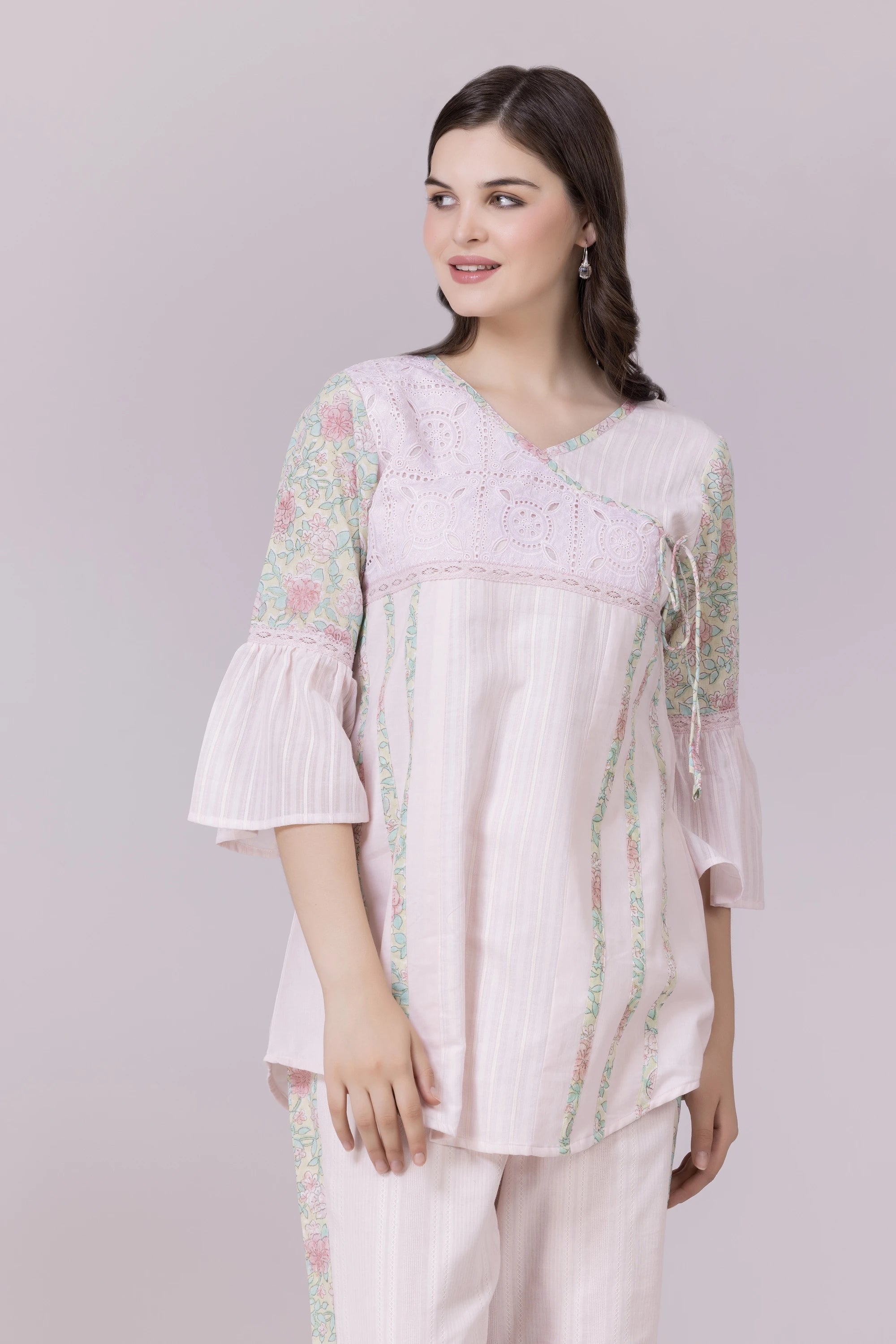 Pastel Pink Blossom Print & Lace Tunic And Pant Co-Ord Set