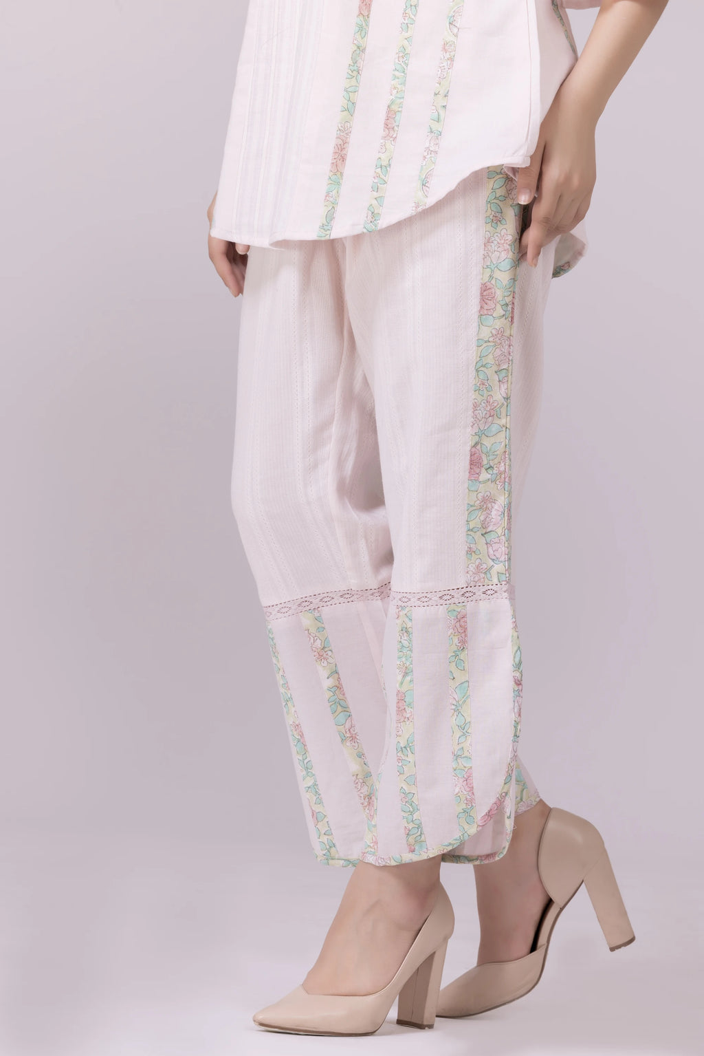 Pastel Pink Blossom Print & Lace Tunic And Pant Co-Ord Set