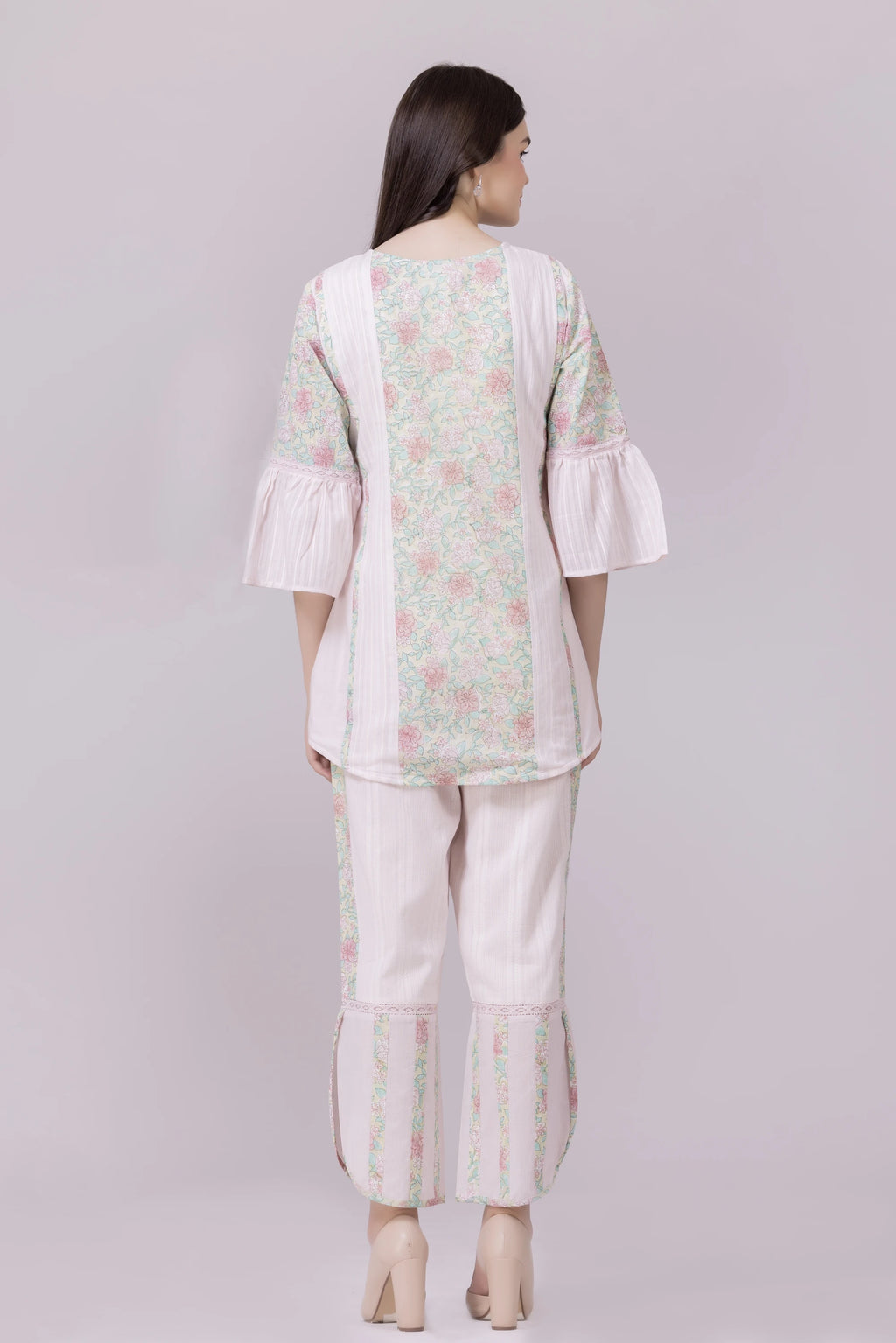 Pastel Pink Blossom Print & Lace Tunic And Pant Co-Ord Set