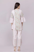 Pastel Pink Blossom Print & Lace Tunic And Pant Co-Ord Set