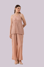 Nude Blush Crinkled Blazer, Pants And Lace Camisole Co-Ord Set