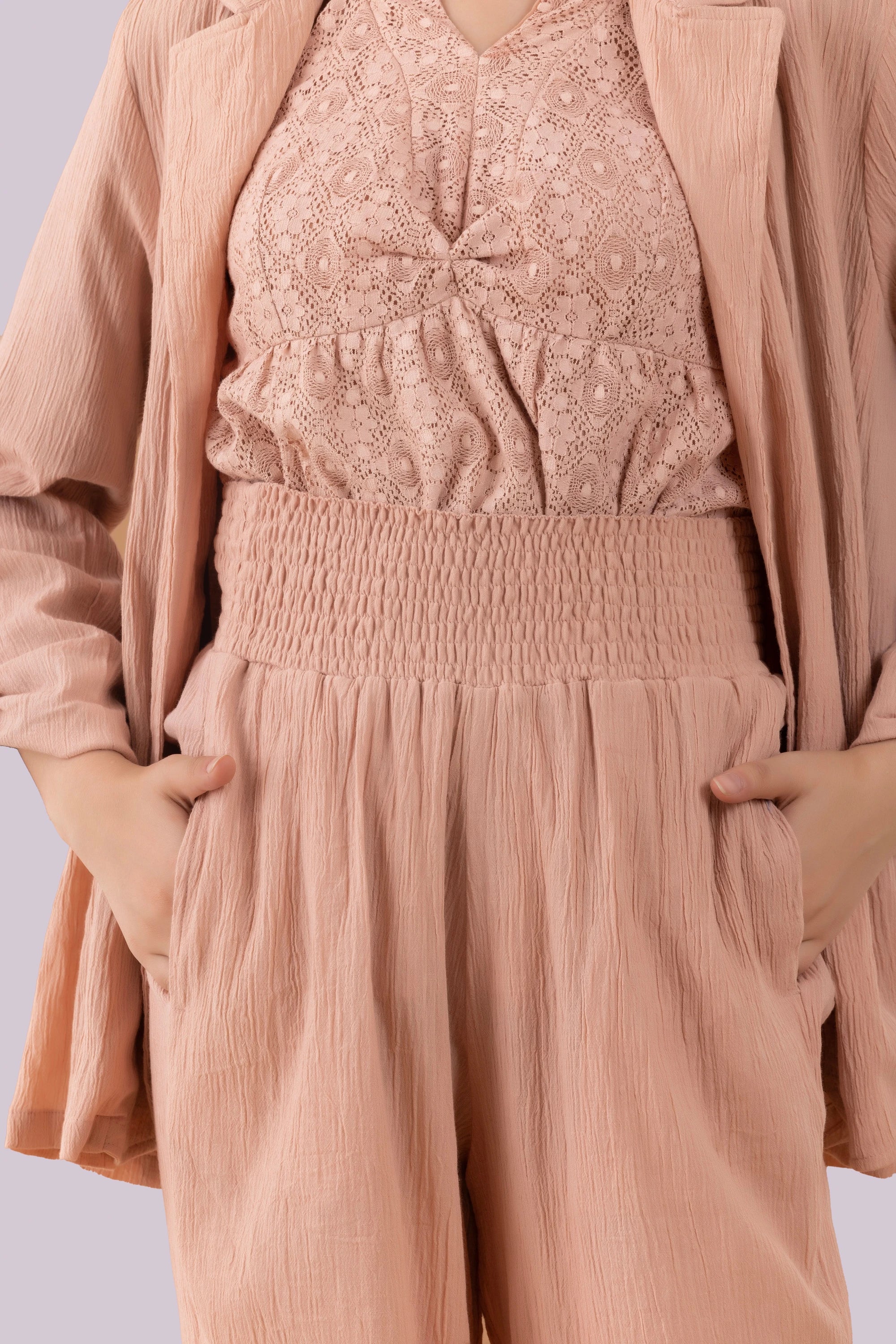 Nude Blush Crinkled Blazer, Pants And Lace Camisole Co-Ord Set