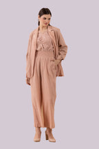 Nude Blush Crinkled Blazer, Pants And Lace Camisole Co-Ord Set