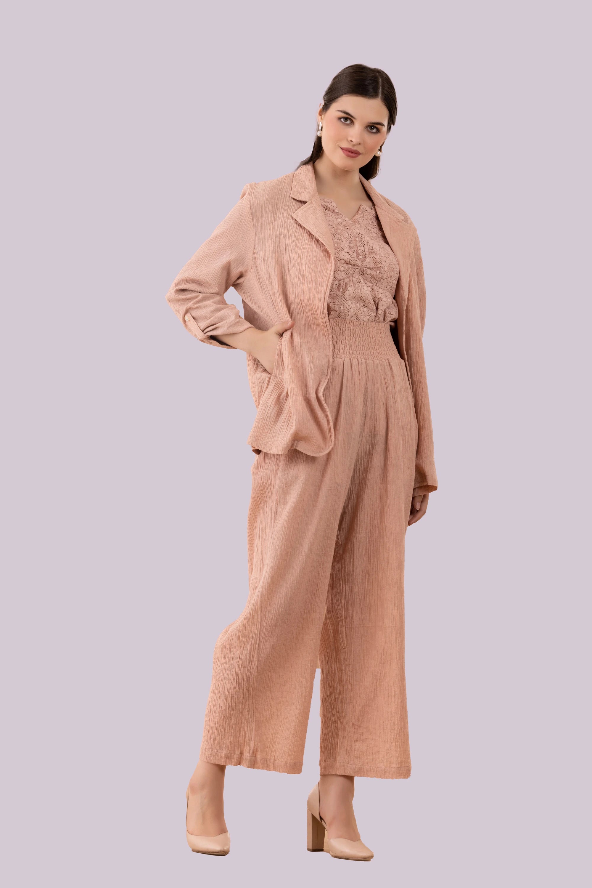 Nude Blush Crinkled Blazer, Pants And Lace Camisole Co-Ord Set