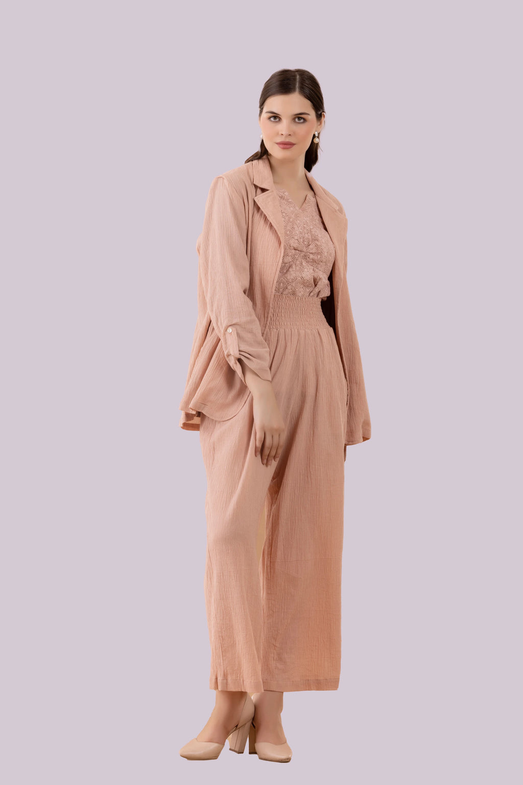 Nude Blush Crinkled Blazer, Pants And Lace Camisole Co-Ord Set