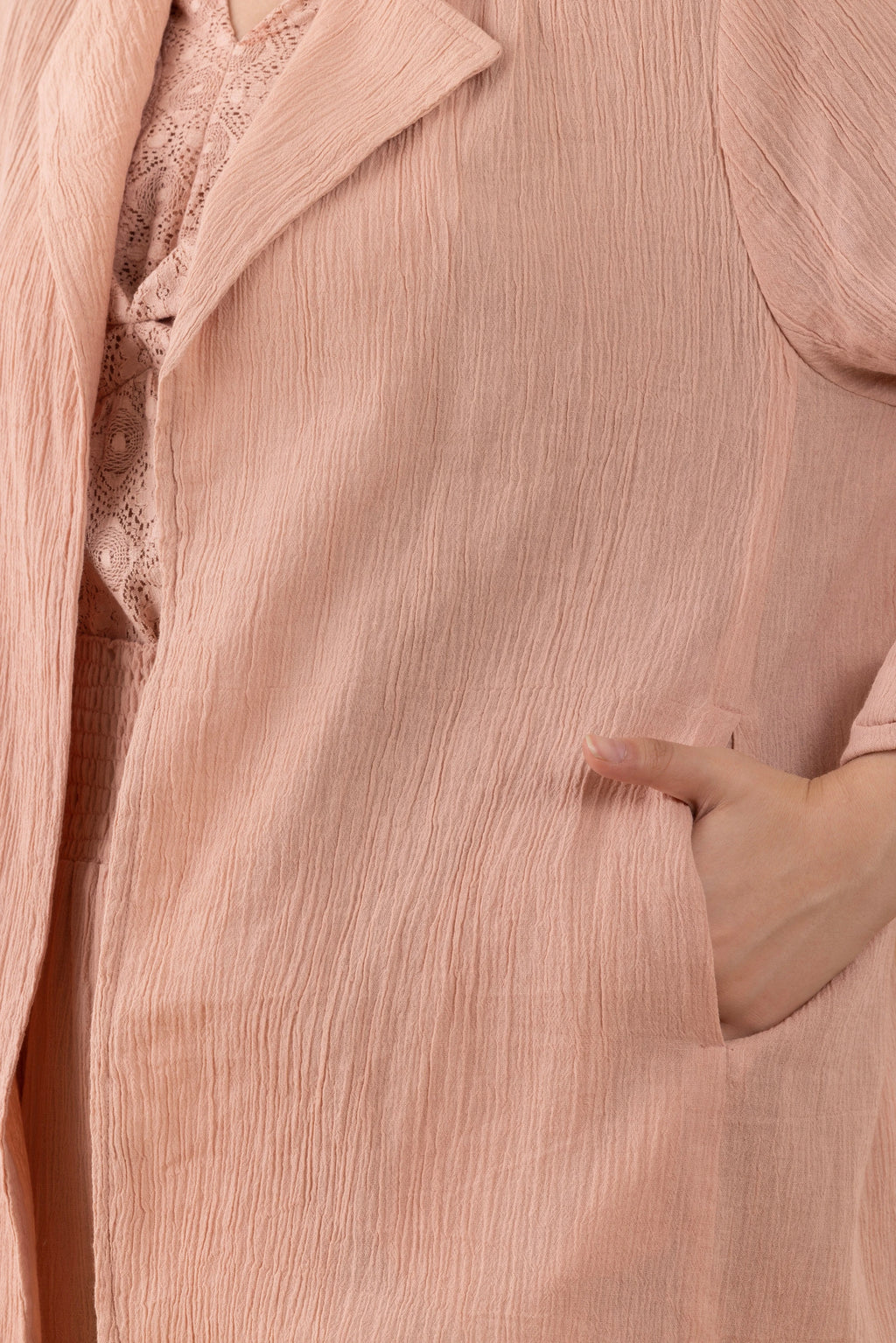 Nude Blush Crinkled Blazer, Pants And Lace Camisole Co-Ord Set