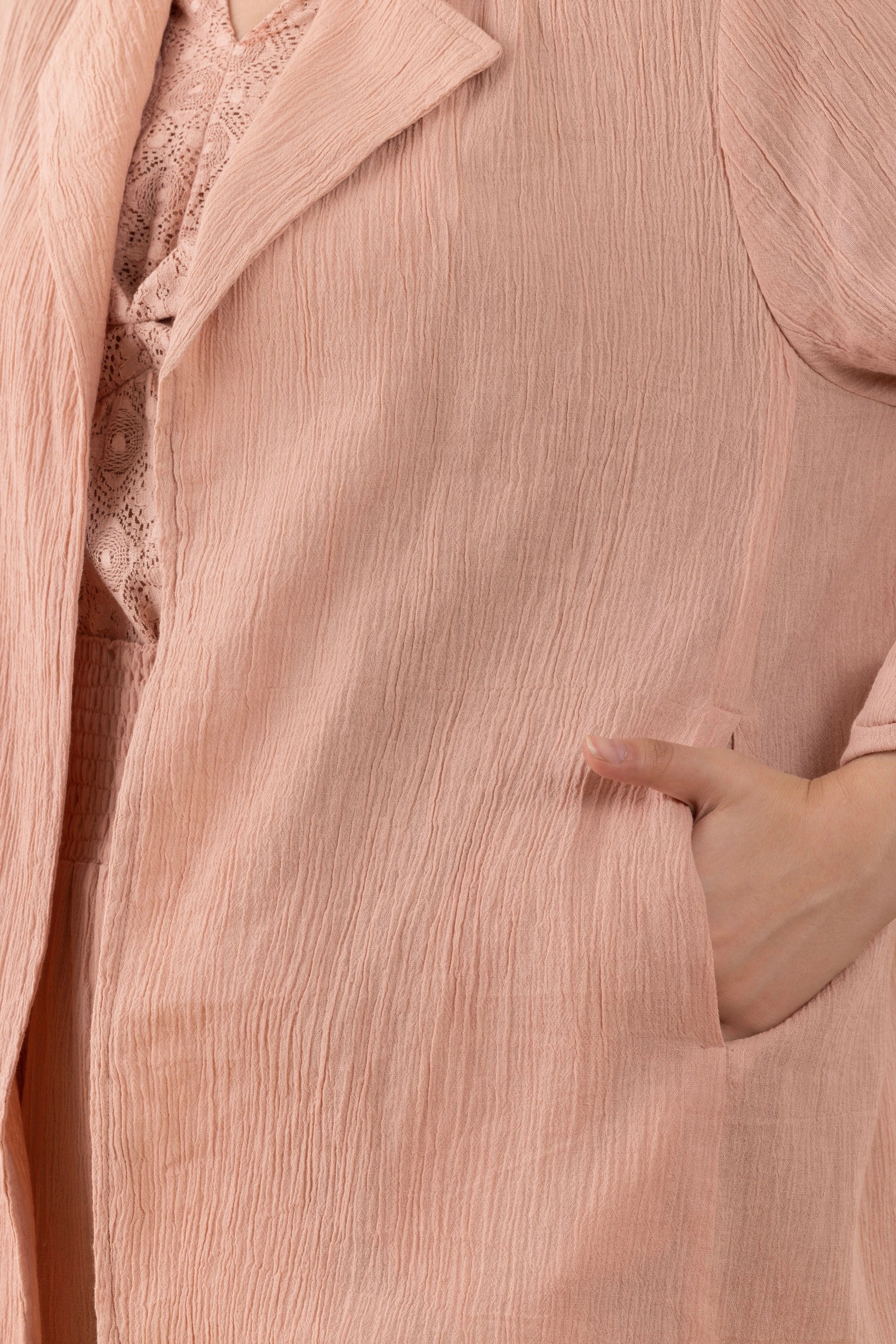 Nude Blush Crinkled Blazer, Pants And Lace Camisole Co-Ord Set