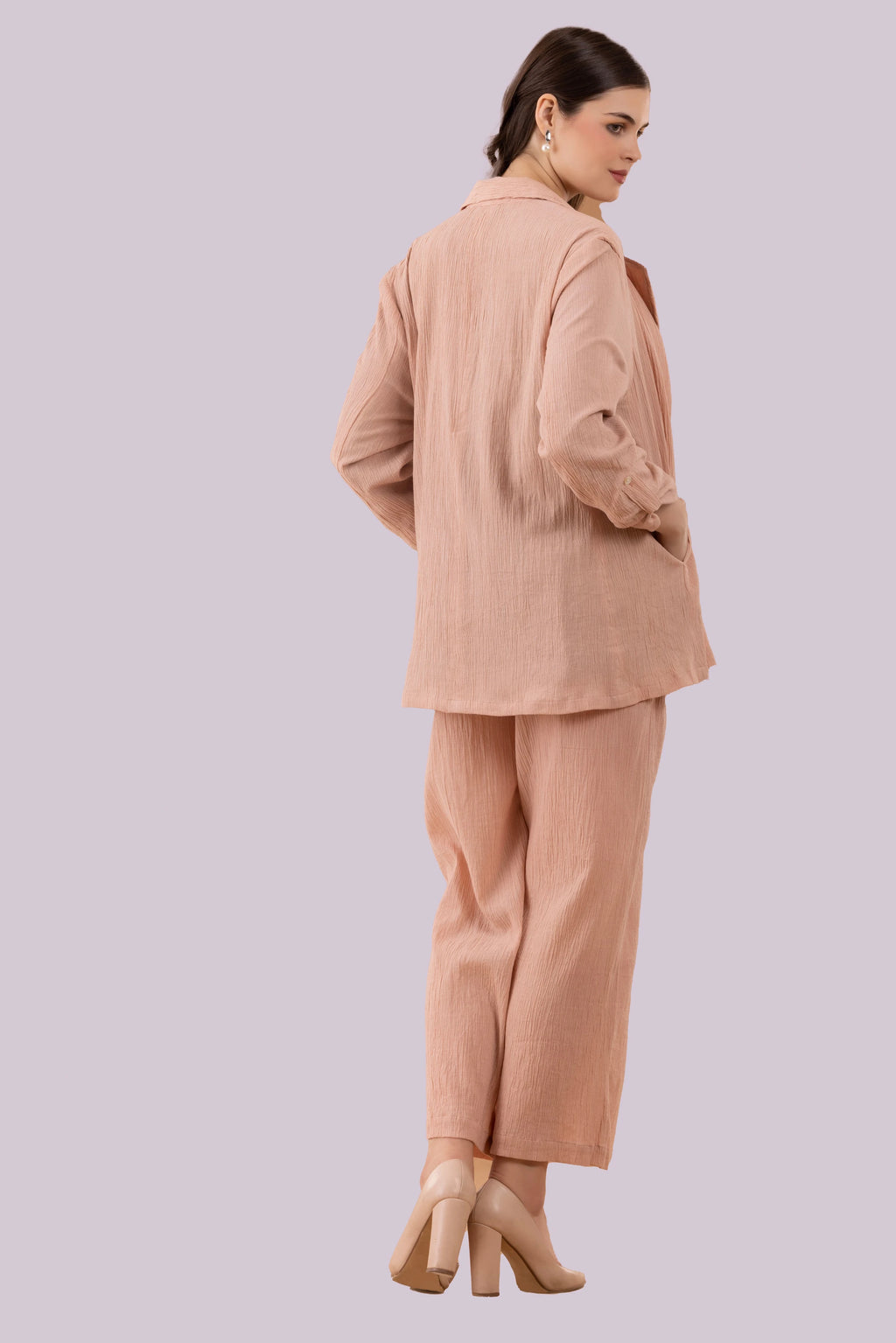 Nude Blush Crinkled Blazer, Pants And Lace Camisole Co-Ord Set