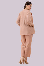 Nude Blush Crinkled Blazer, Pants And Lace Camisole Co-Ord Set