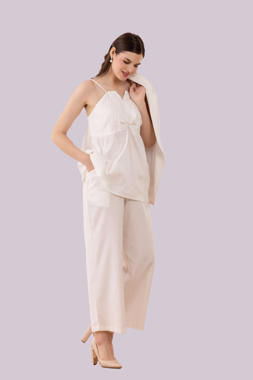 White Mukaish Blazer,  Pants And Textured Cotton Camisole Co-Ord Set