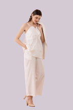 White Mukaish Blazer,  Pants And Textured Cotton Camisole Co-Ord Set