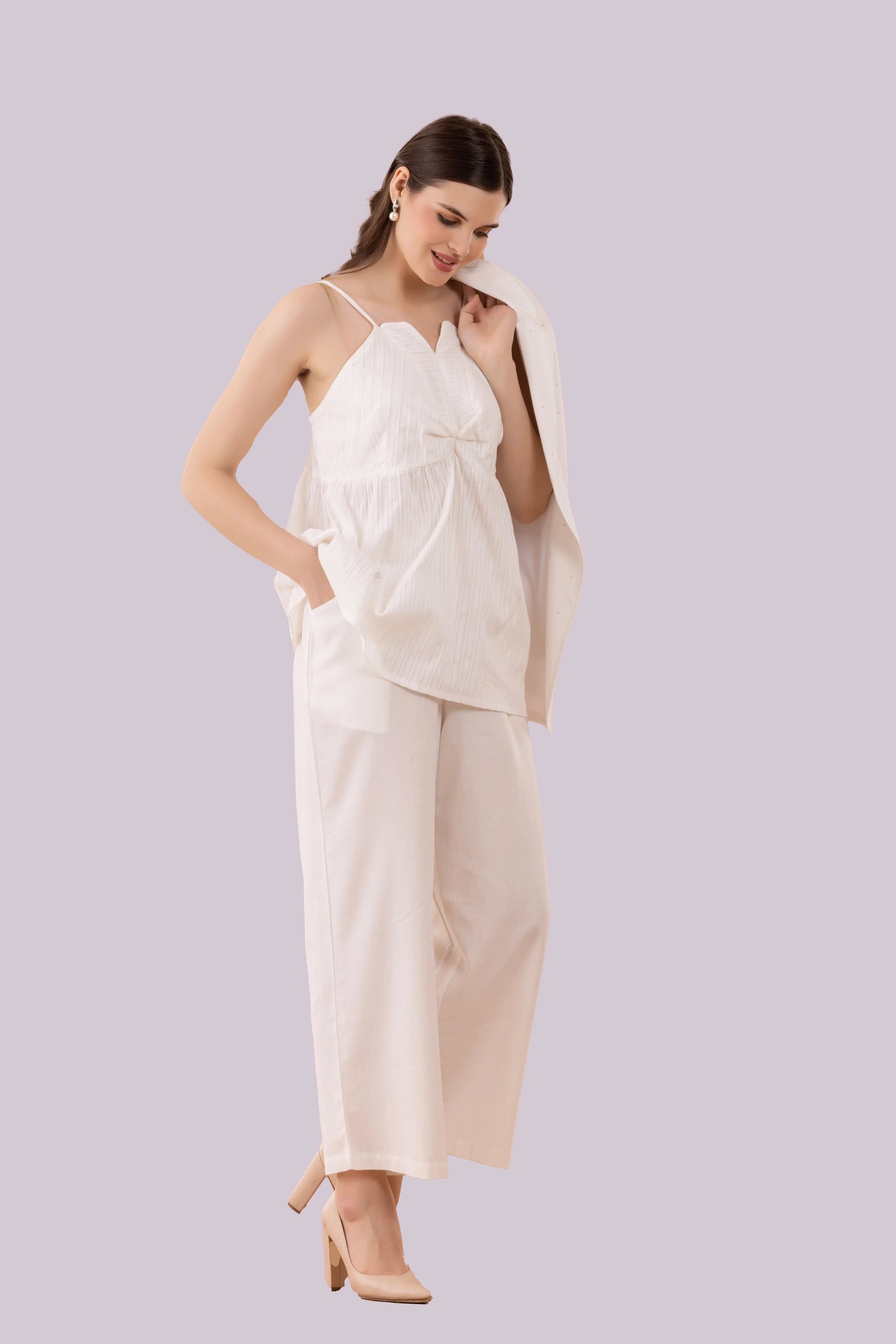 White Mukaish Blazer,  Pants And Textured Cotton Camisole Co-Ord Set