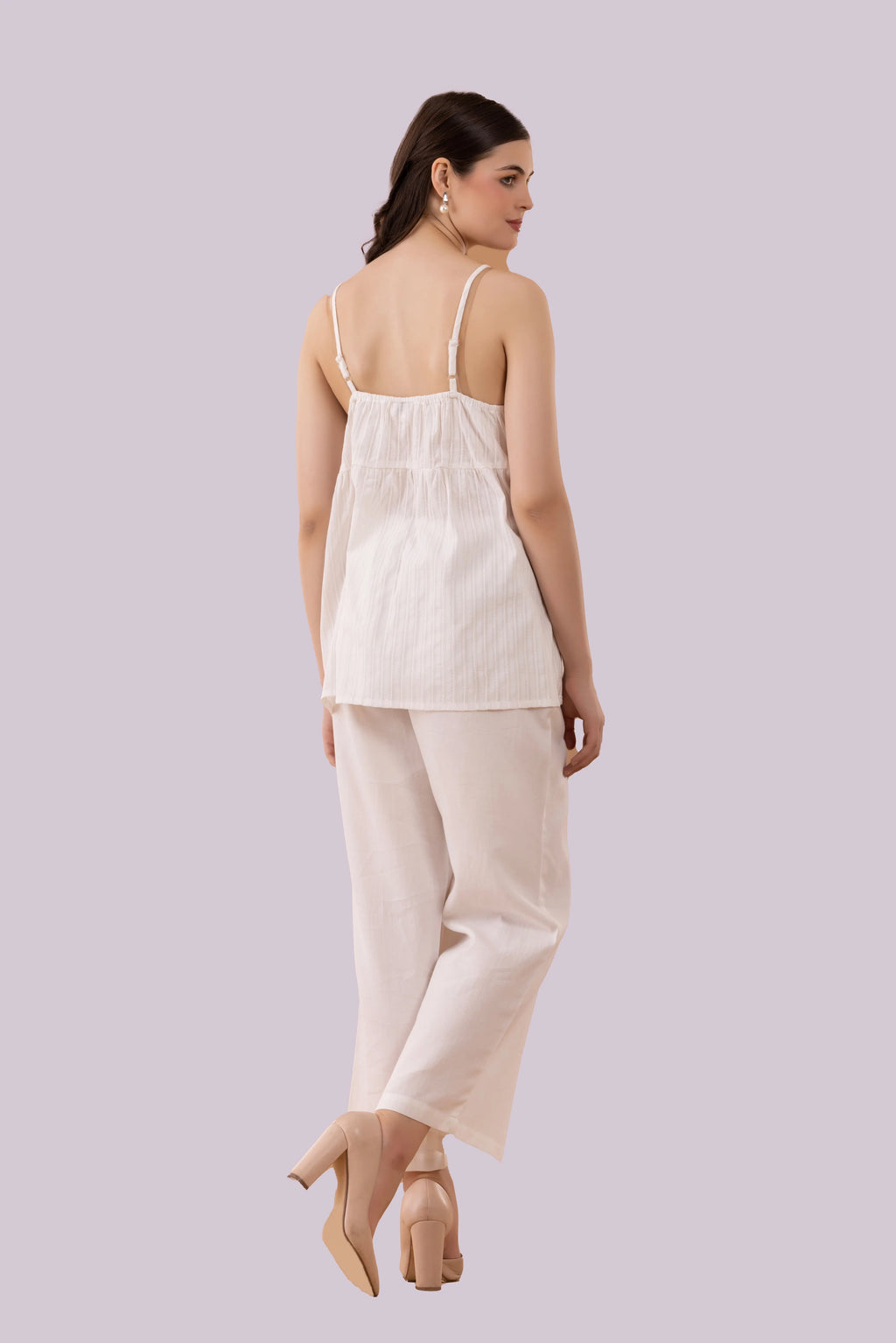 White Mukaish Blazer,  Pants And Textured Cotton Camisole Co-Ord Set
