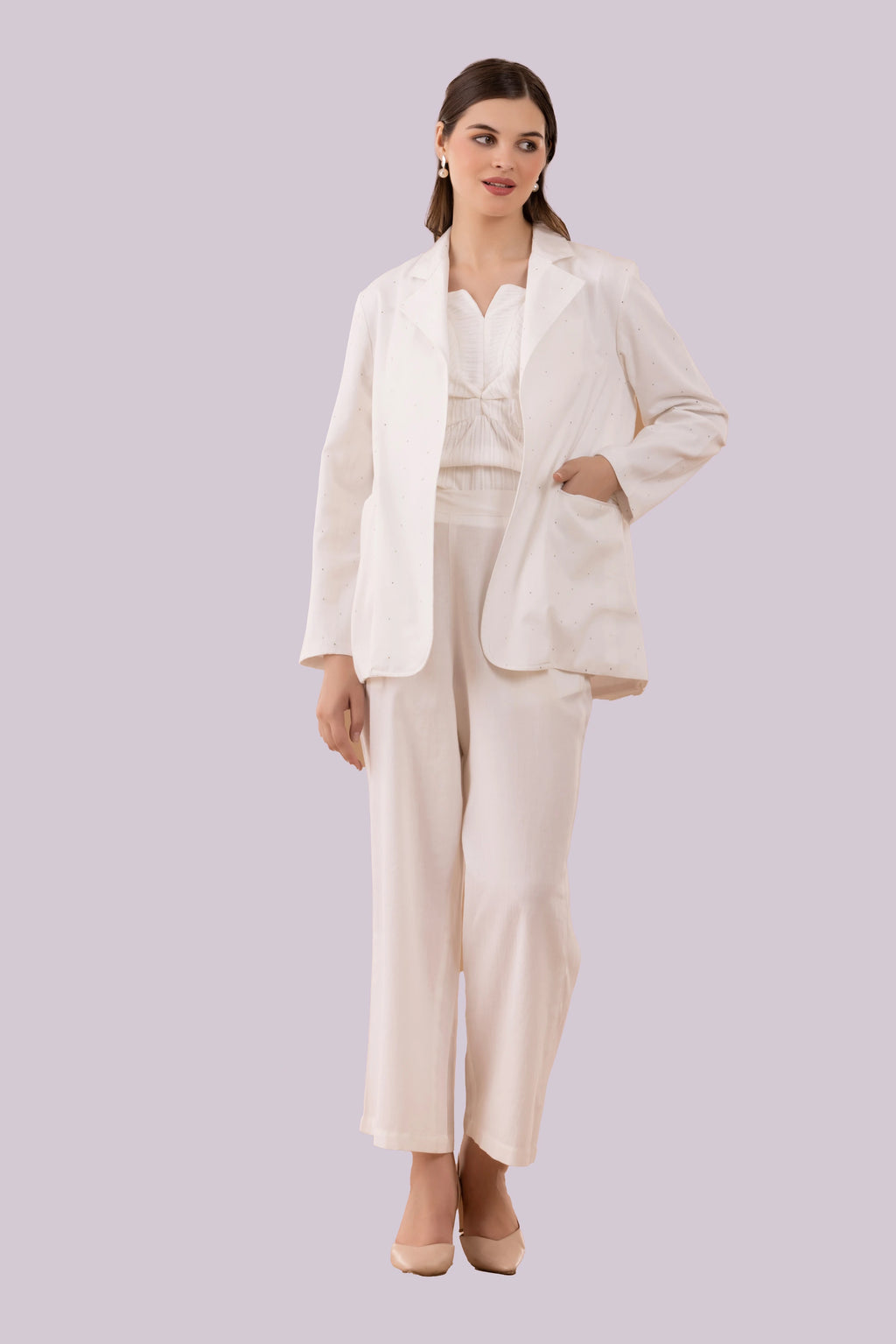 White Mukaish Blazer,  Pants And Textured Cotton Camisole Co-Ord Set