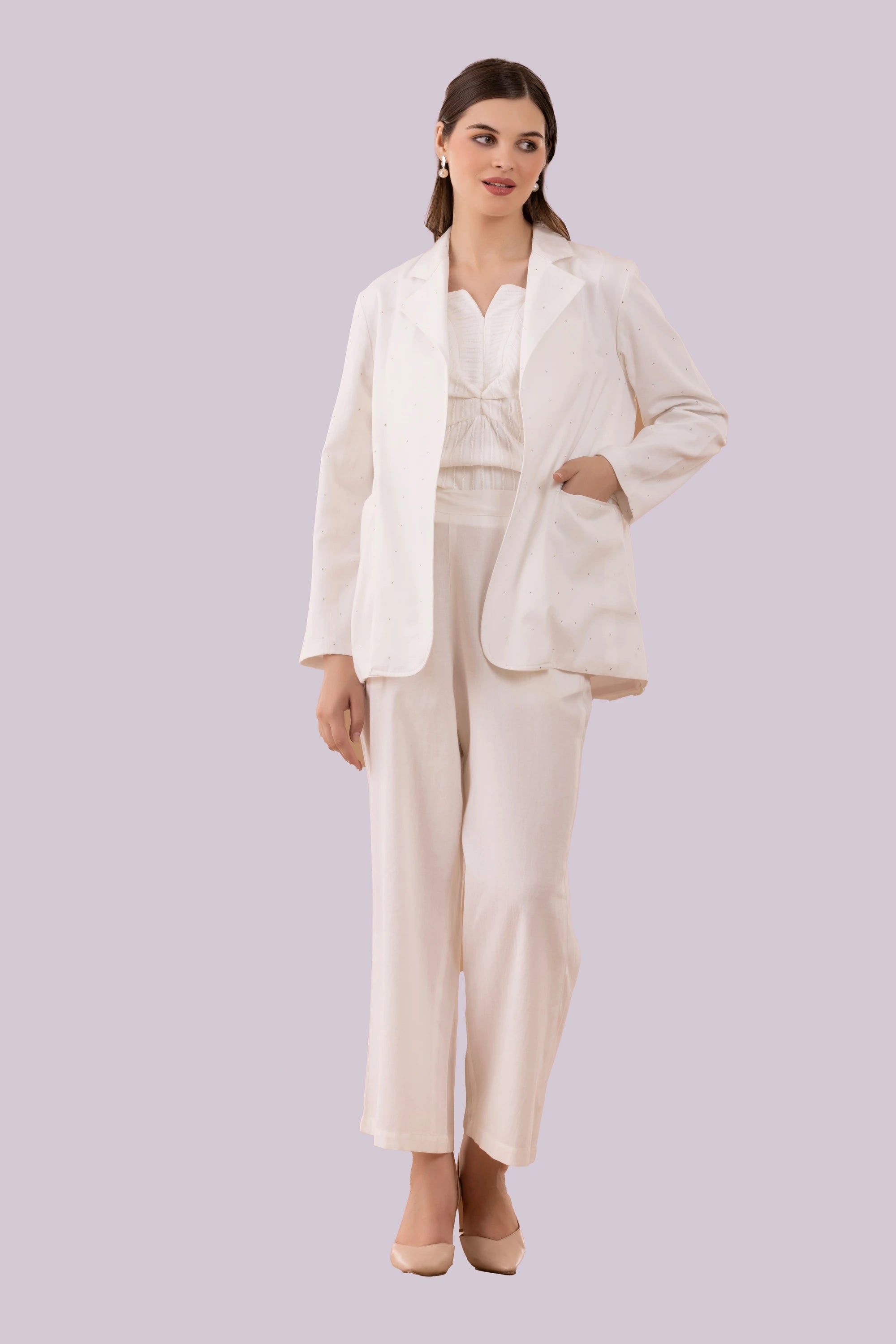White Mukaish Blazer,  Pants And Textured Cotton Camisole Co-Ord Set