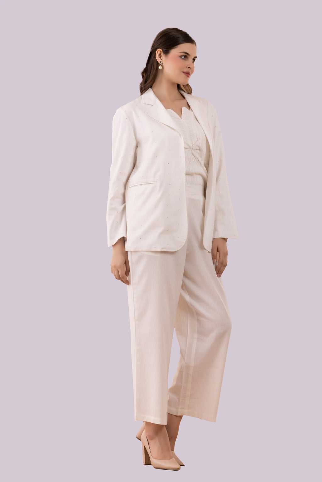 White Mukaish Blazer,  Pants And Textured Cotton Camisole Co-Ord Set