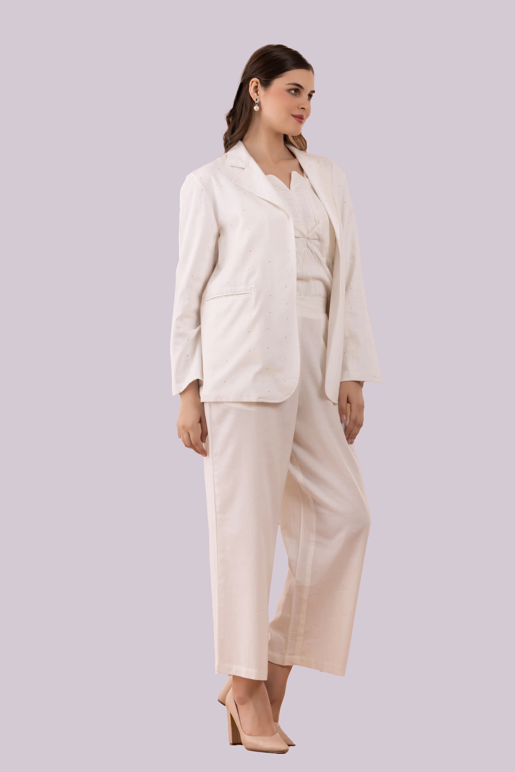 White Mukaish Blazer,  Pants And Textured Cotton Camisole Co-Ord Set
