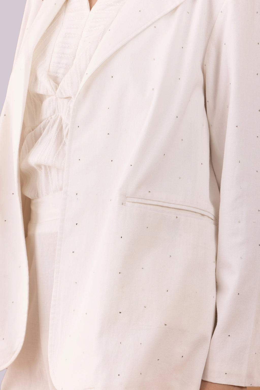 White Mukaish Blazer,  Pants And Textured Cotton Camisole Co-Ord Set