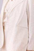 White Mukaish Blazer,  Pants And Textured Cotton Camisole Co-Ord Set