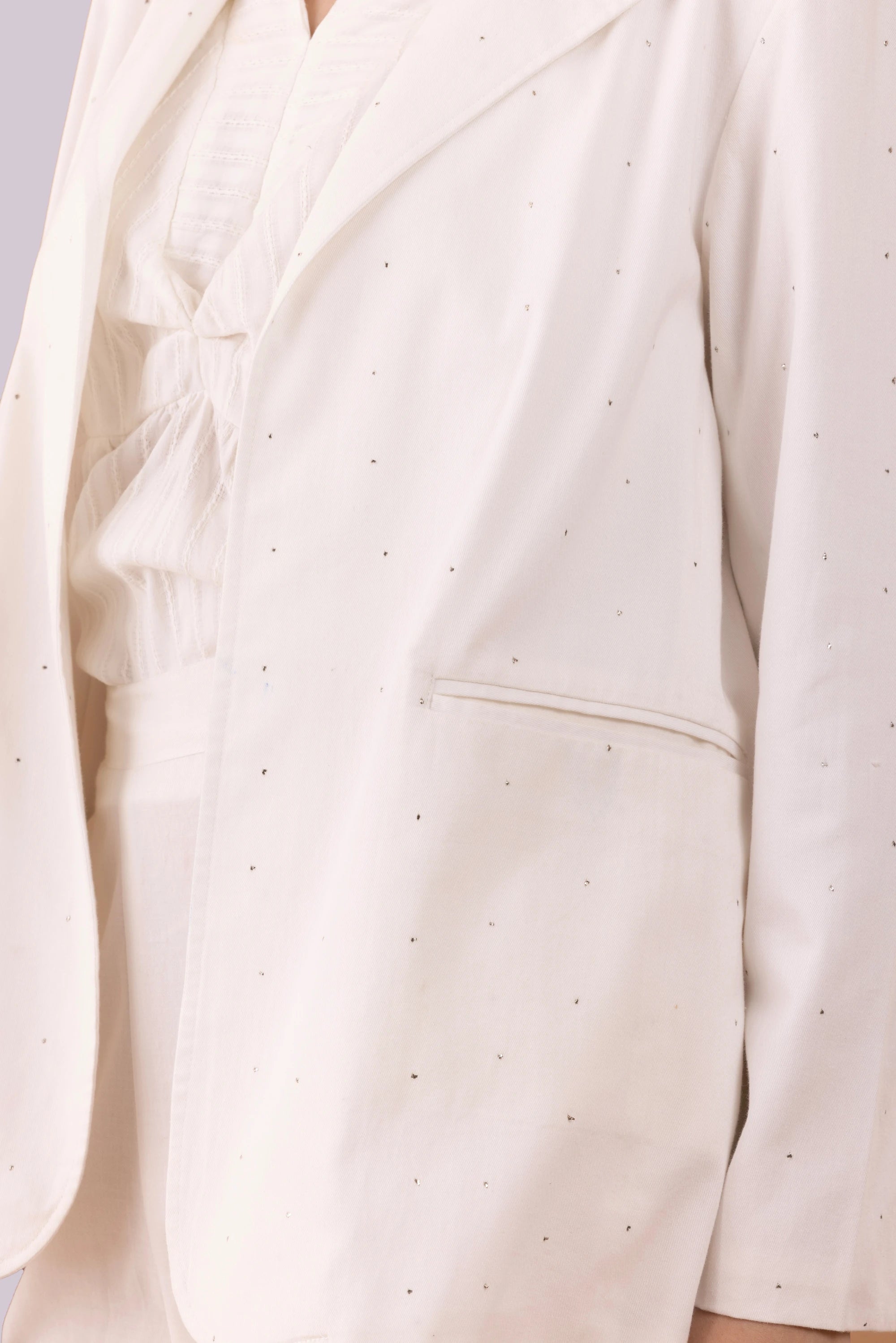 White Mukaish Blazer,  Pants And Textured Cotton Camisole Co-Ord Set