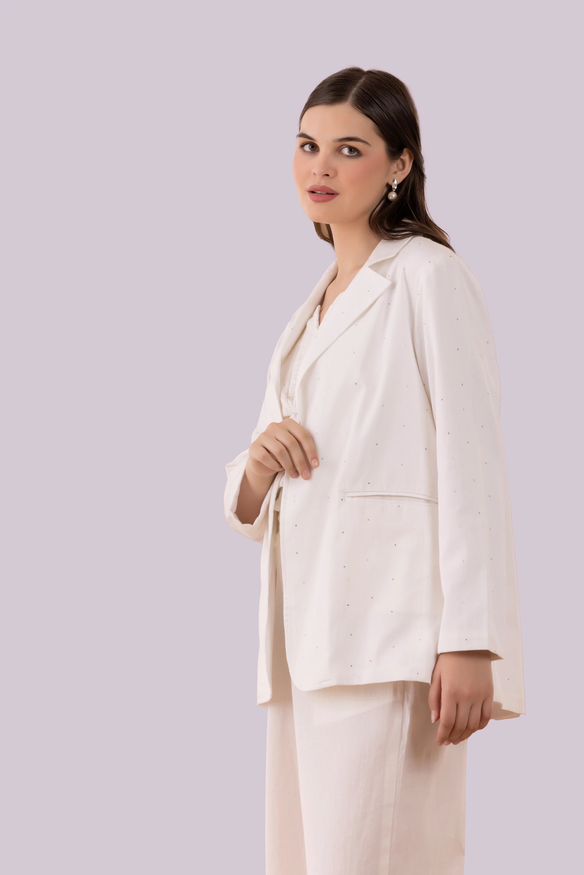 White Mukaish Blazer,  Pants And Textured Cotton Camisole Co-Ord Set
