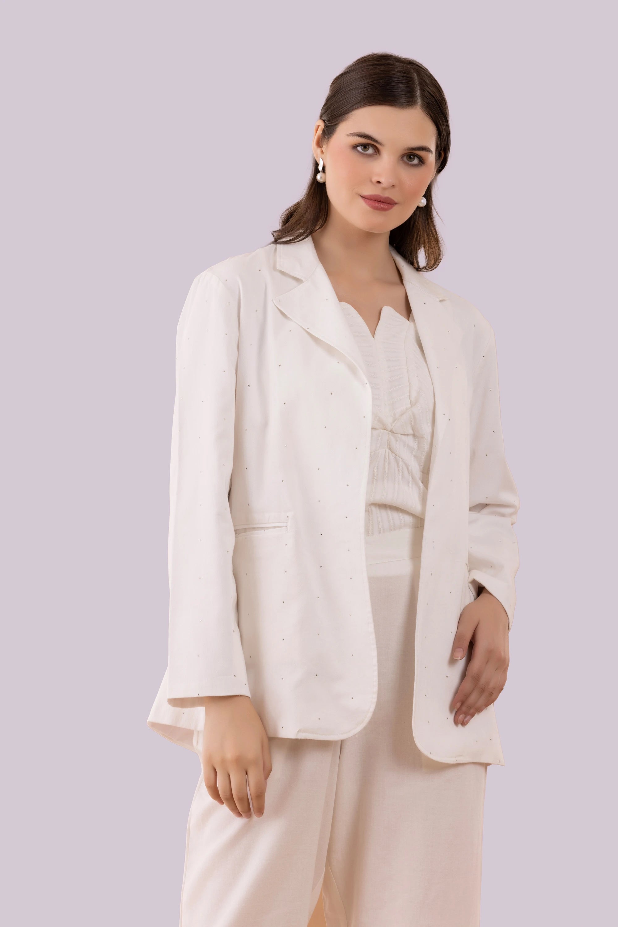 White Mukaish Blazer,  Pants And Textured Cotton Camisole Co-Ord Set