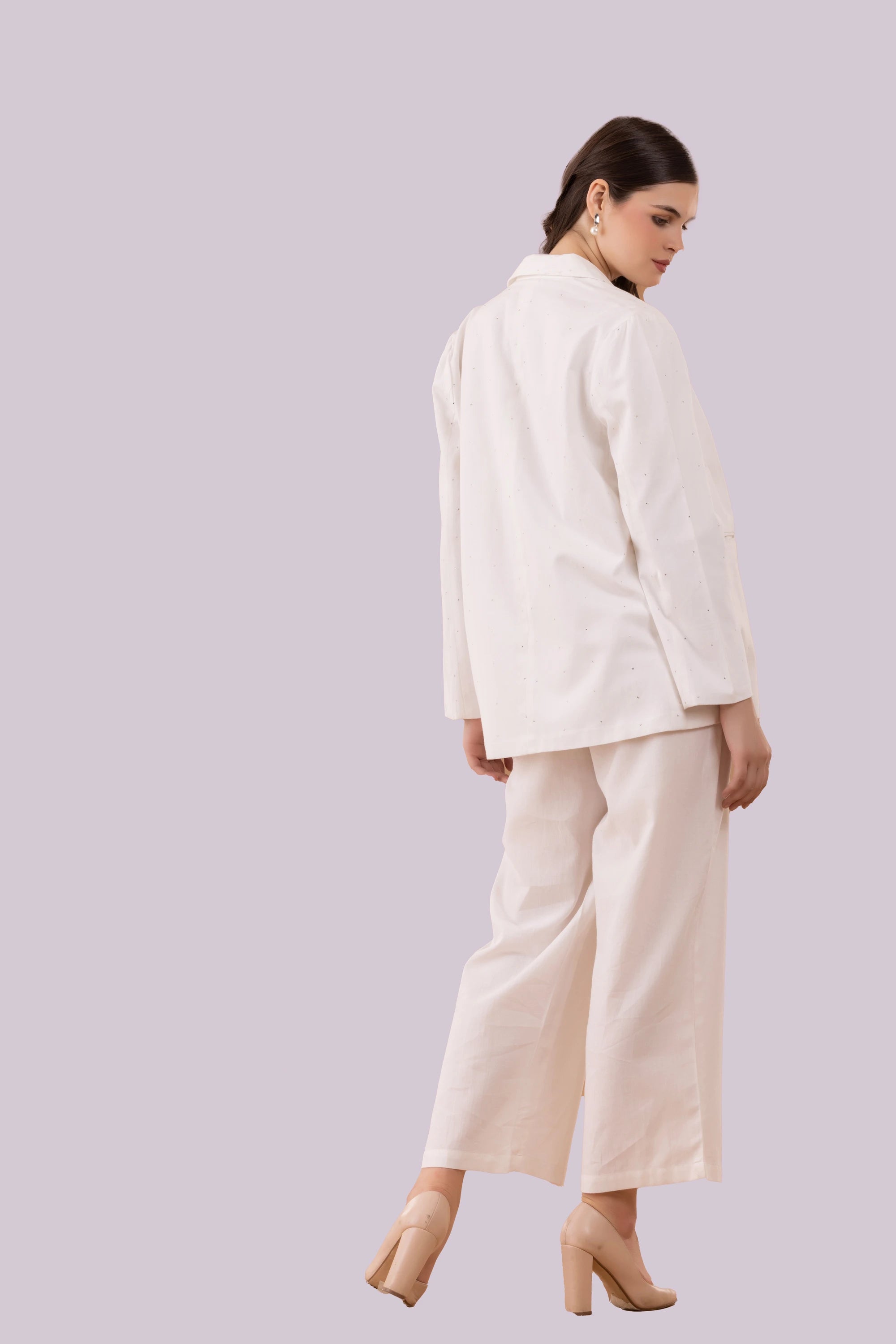 White Mukaish Blazer,  Pants And Textured Cotton Camisole Co-Ord Set
