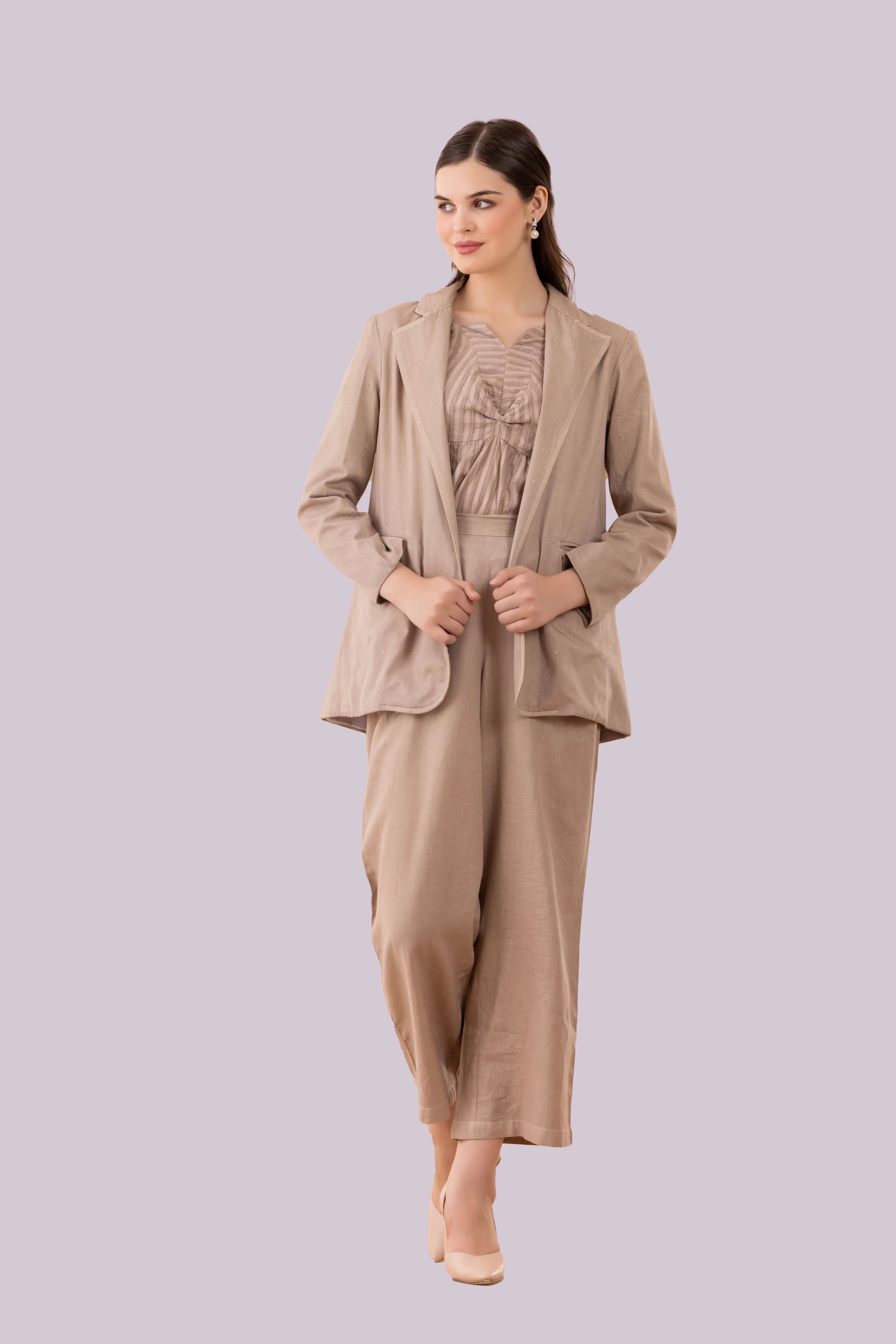 Beige Mukaish Blazer,  Pants And Textured Cotton Camisole Co-Ord Set