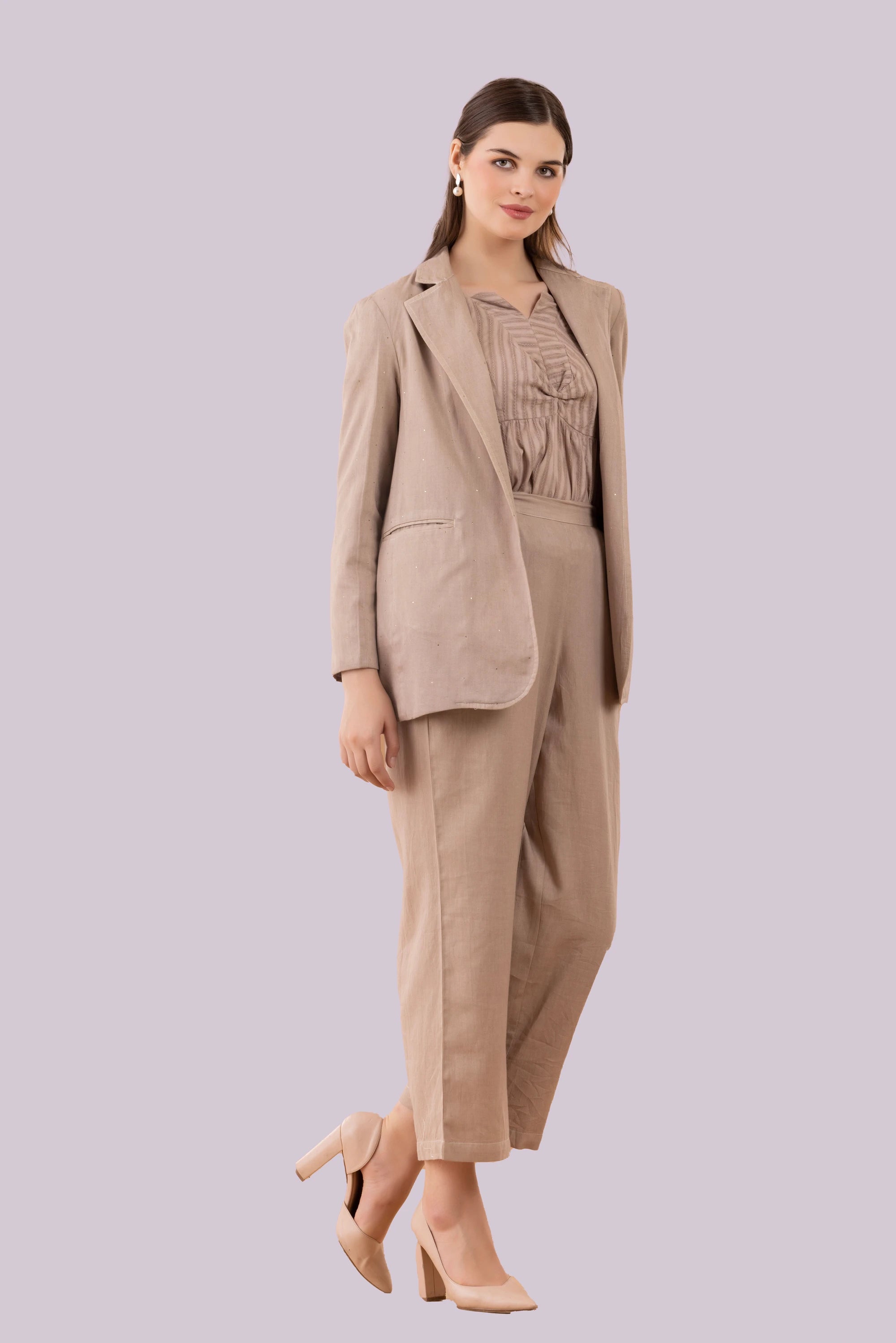 Beige Mukaish Blazer,  Pants And Textured Cotton Camisole Co-Ord Set