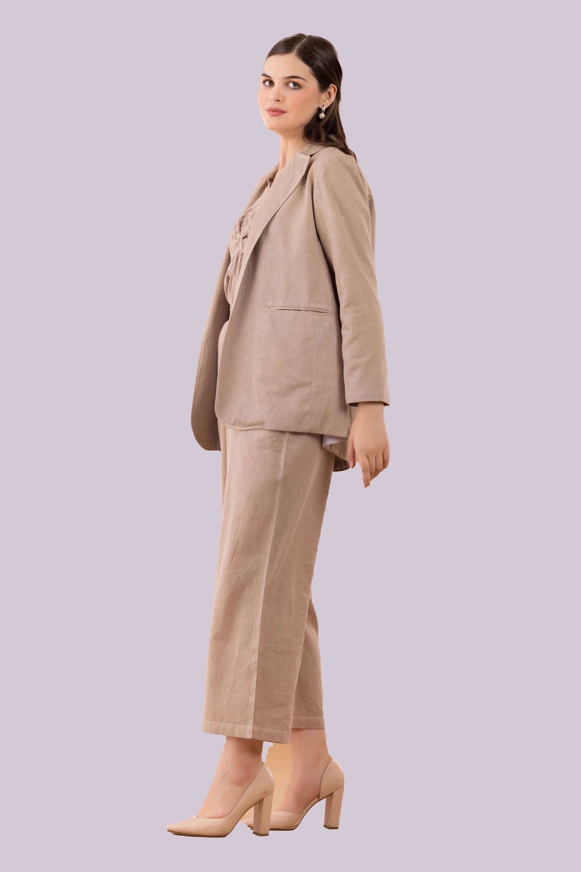 Beige Mukaish Blazer,  Pants And Textured Cotton Camisole Co-Ord Set
