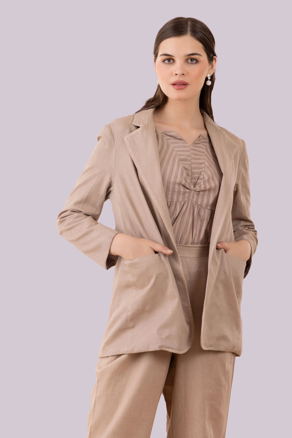 Beige Mukaish Blazer,  Pants And Textured Cotton Camisole Co-Ord Set