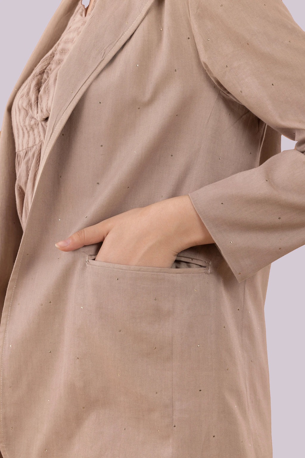 Beige Mukaish Blazer,  Pants And Textured Cotton Camisole Co-Ord Set